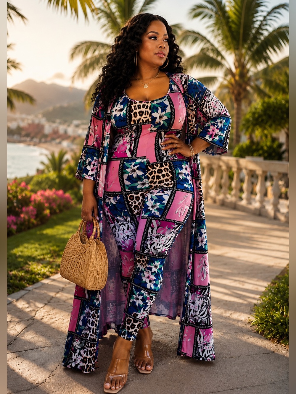 Ashley Stewart Tropical Resort 2PC Set Duster Jumpsuit Plus Size18/20 leopard